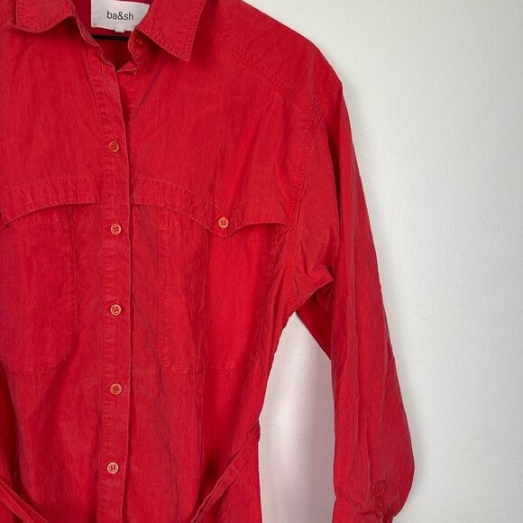 BA&SH Pearl Belted Red Lyocell blend Poplin Mini Shirt Dress Women’s Sz XS - Picture 8 of 9